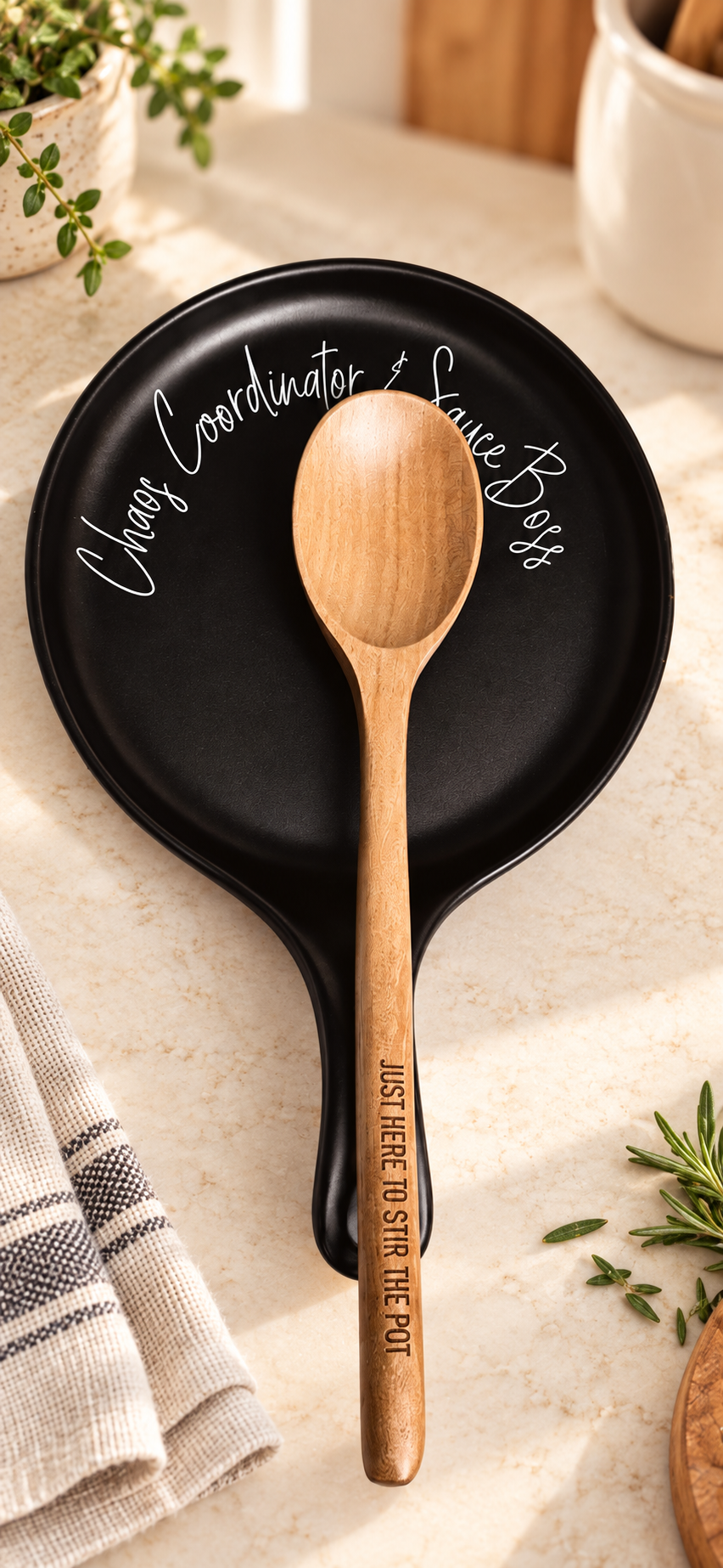 Chaos Coordinator & Sauce Boss Ceramic Spoon Rest with Wooden Spoon