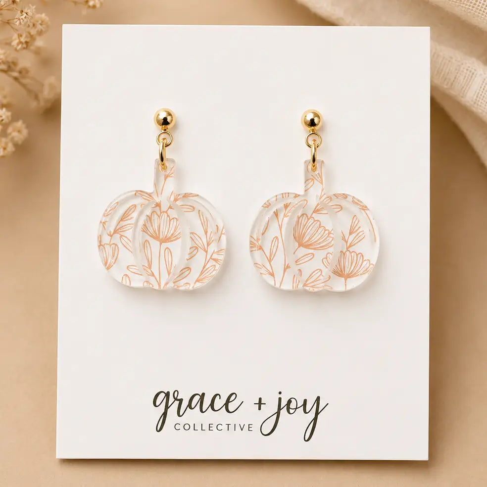 Orange Floral Pumpkin Acrylic Dangle Earrings | Hypoallergenic Stainless Steel