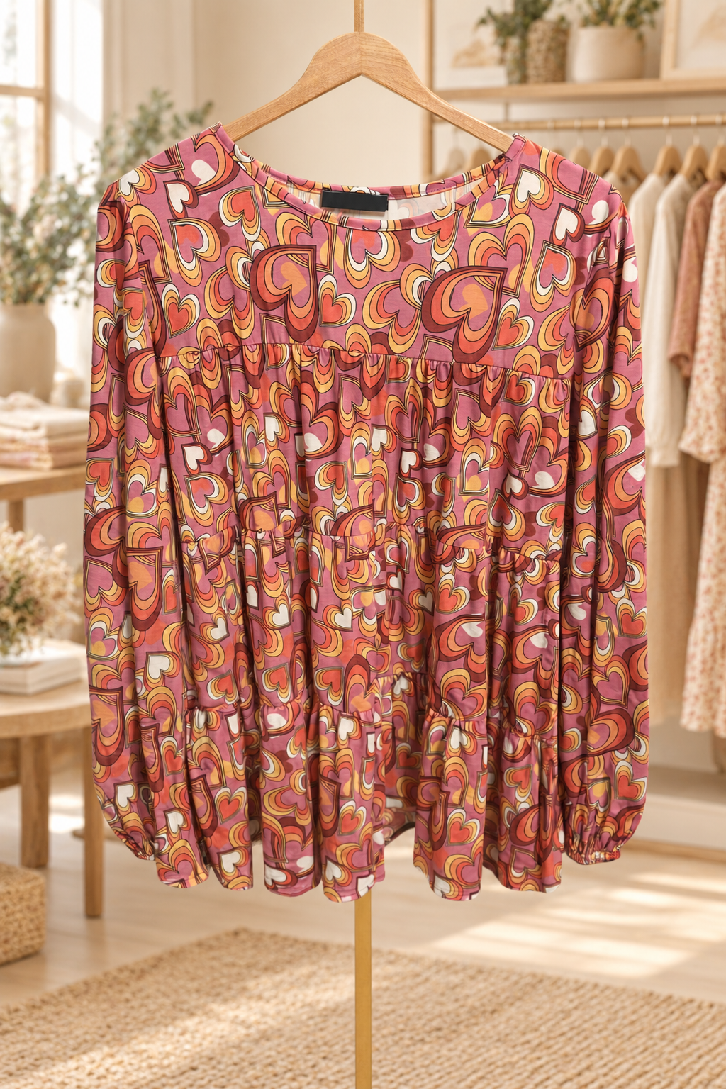 Heimish Retro Heart Print Tiered Long Sleeve Top – Medium