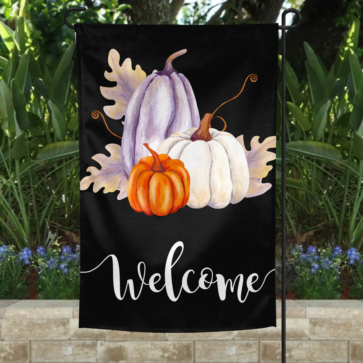 Welcome Pumpkin Garden Flag | Orange, White & Lavender