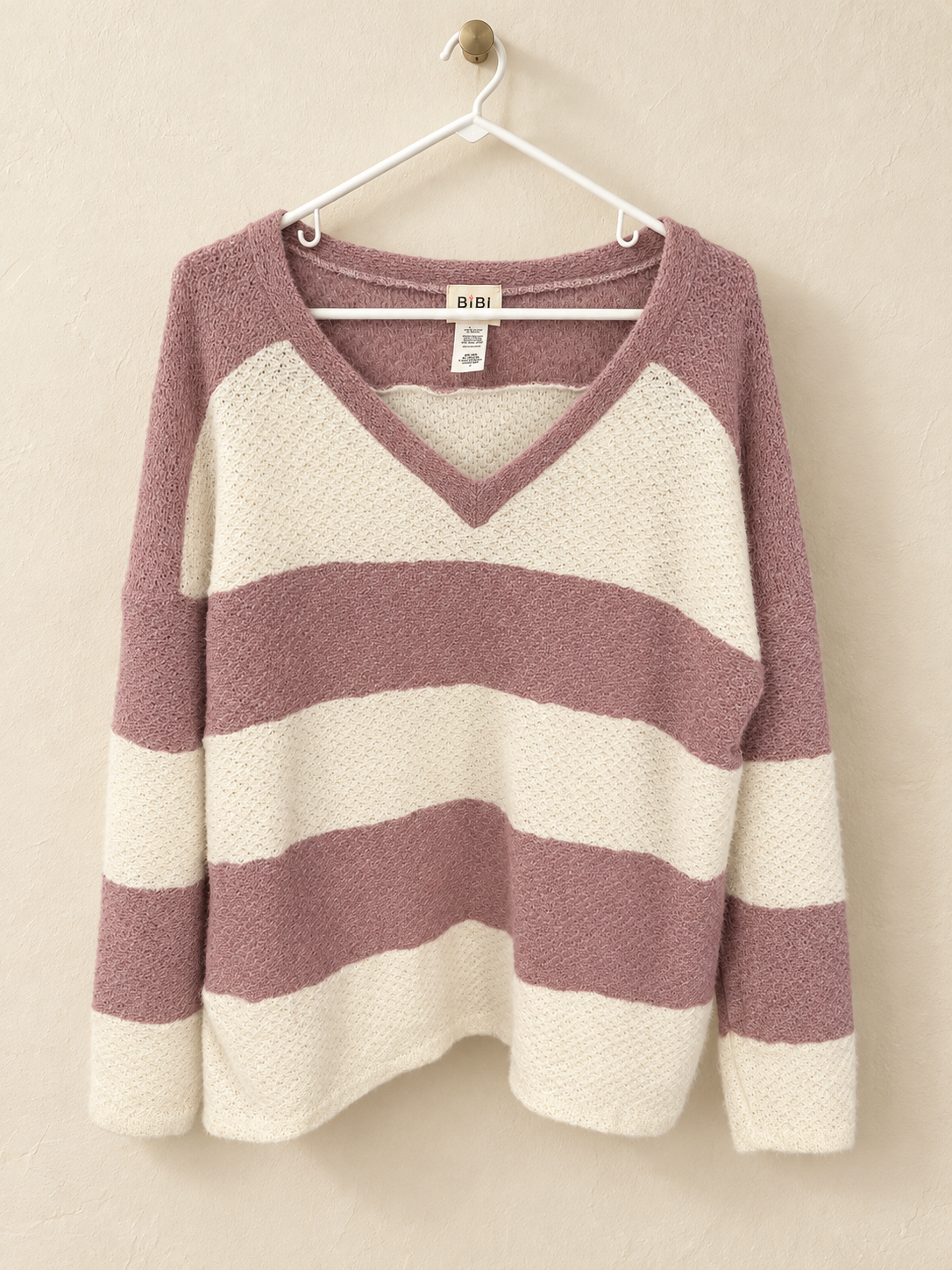 BiBi Mauve & Ivory Striped V-Neck Sweater – Large
