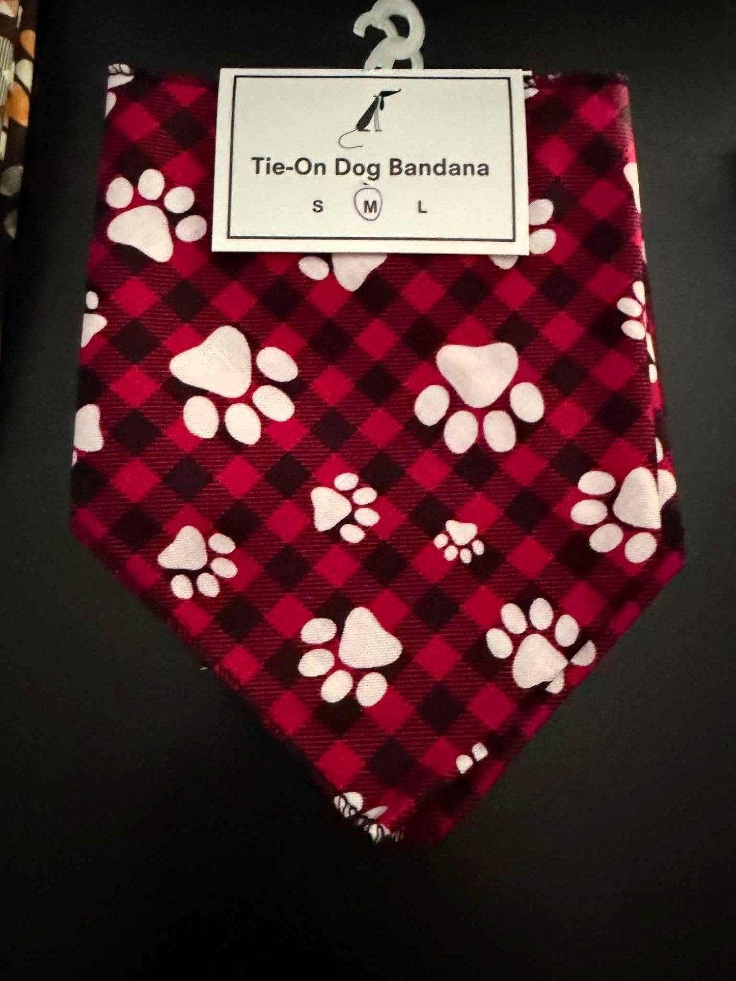 Dog Bandana – Red Buffalo Plaid Paw Print Tie‑On Pet Bandana (Medium)