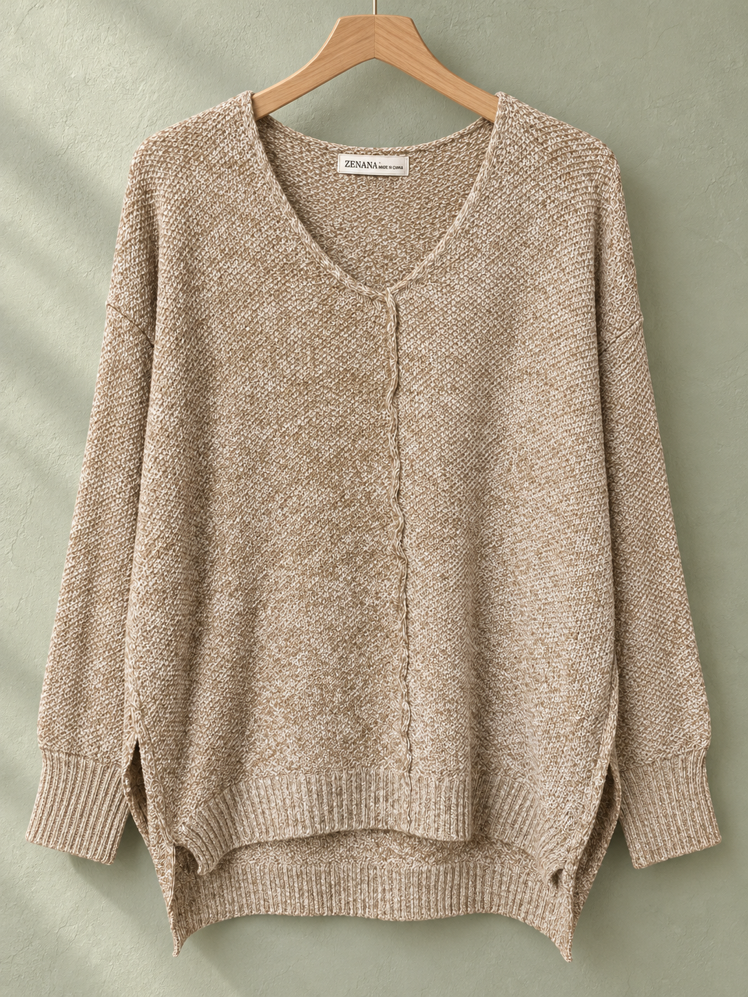 Zenana Women’s Oatmeal V-Neck High-Low Sweater – Large