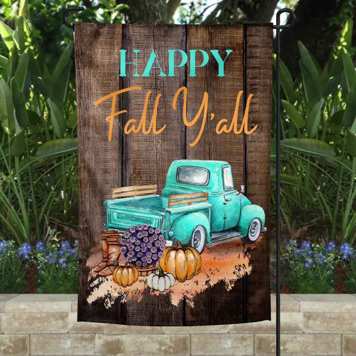 Happy Fall Y’all Garden Flag | Teal Truck, 12 x 18 Inches