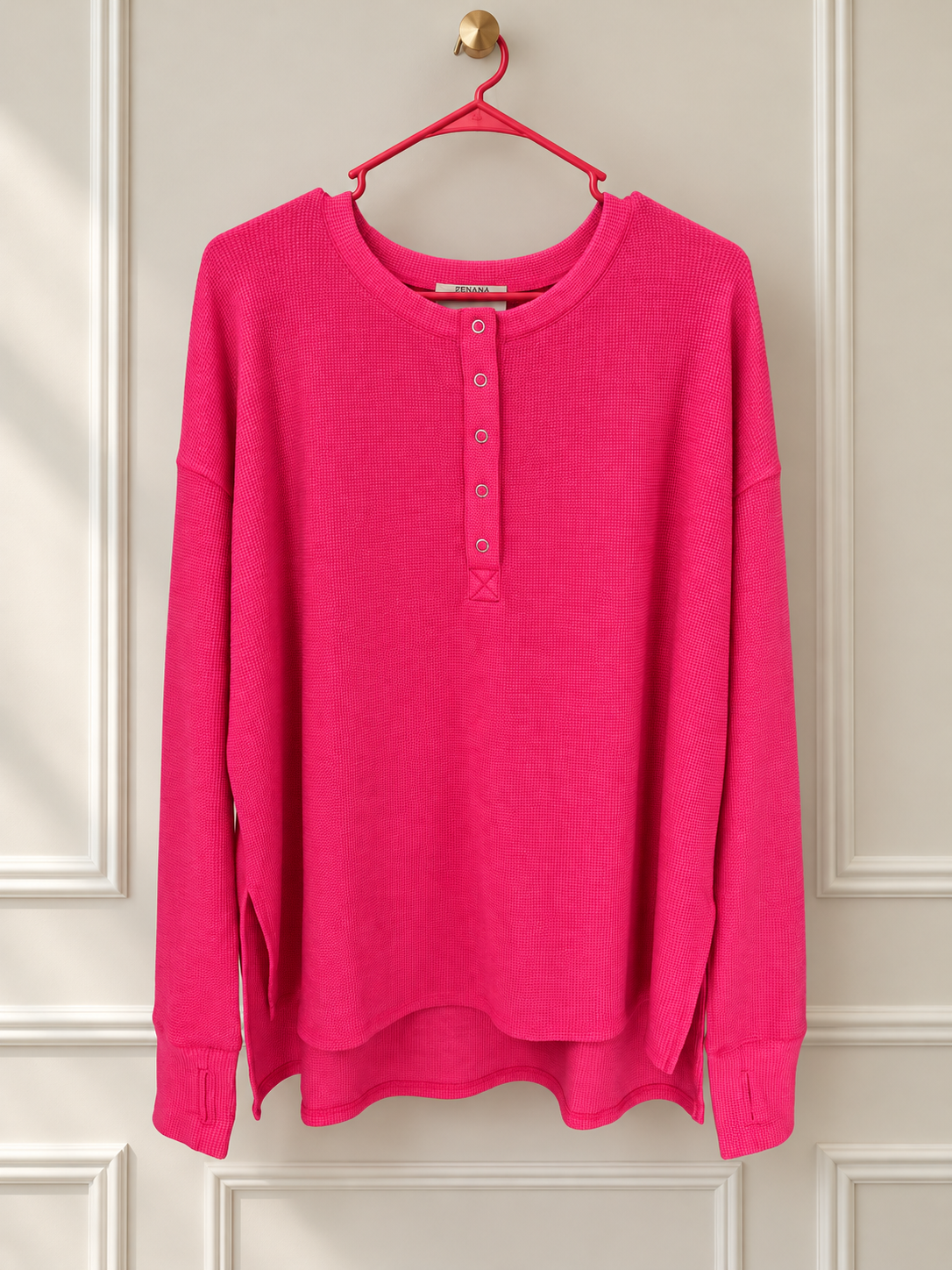 Zenana Hot Pink Waffle Knit Henley Top – Large