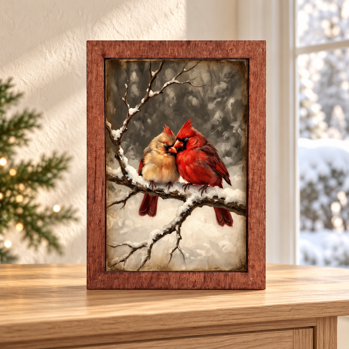 Cardinal Pair Framed Art – 4 × 6 Solid Maple Wood