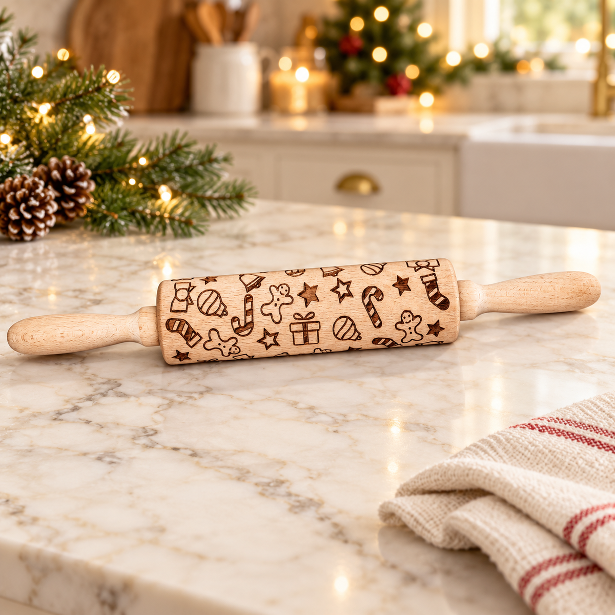 Gingerbread & Candy Cane Wooden Embossing Rolling Pin, 14"
