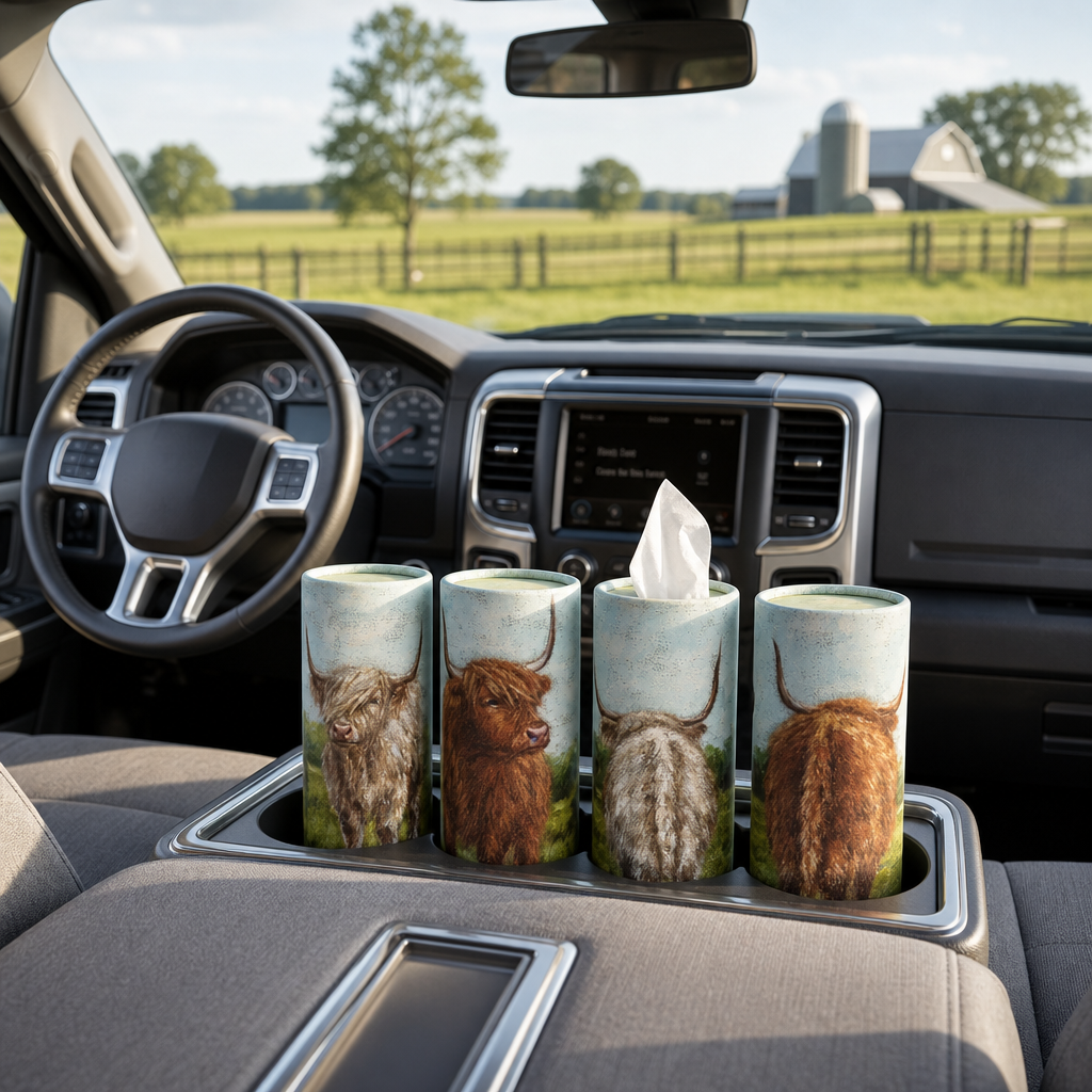 Highland Cow Car Tissue Tube Set – 4 Pack, Cup‑Holder Size (50 Tissues Each)