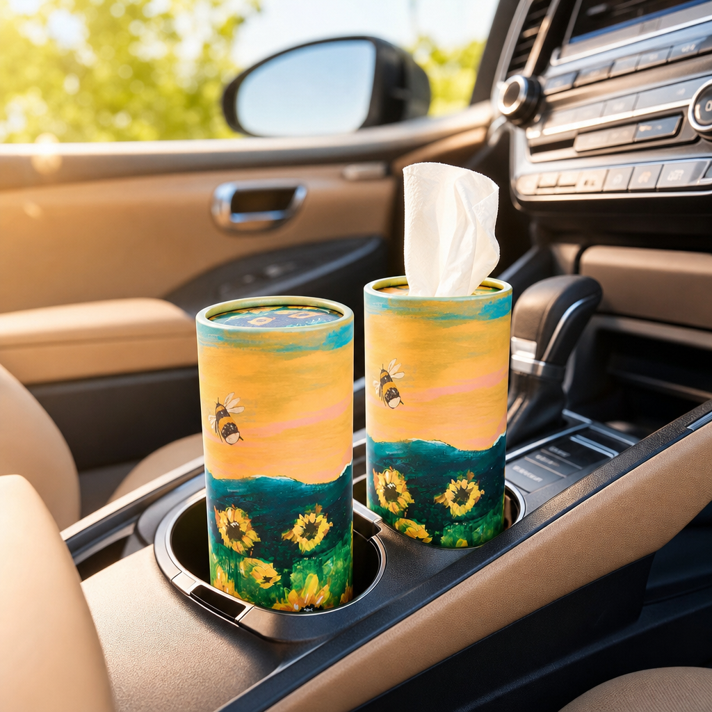 Bee & Sunflower Car Tissue Tube Set – 4 Pack, Cup‑Holder Size (50 Tissues Each), Farmhouse Floral Design