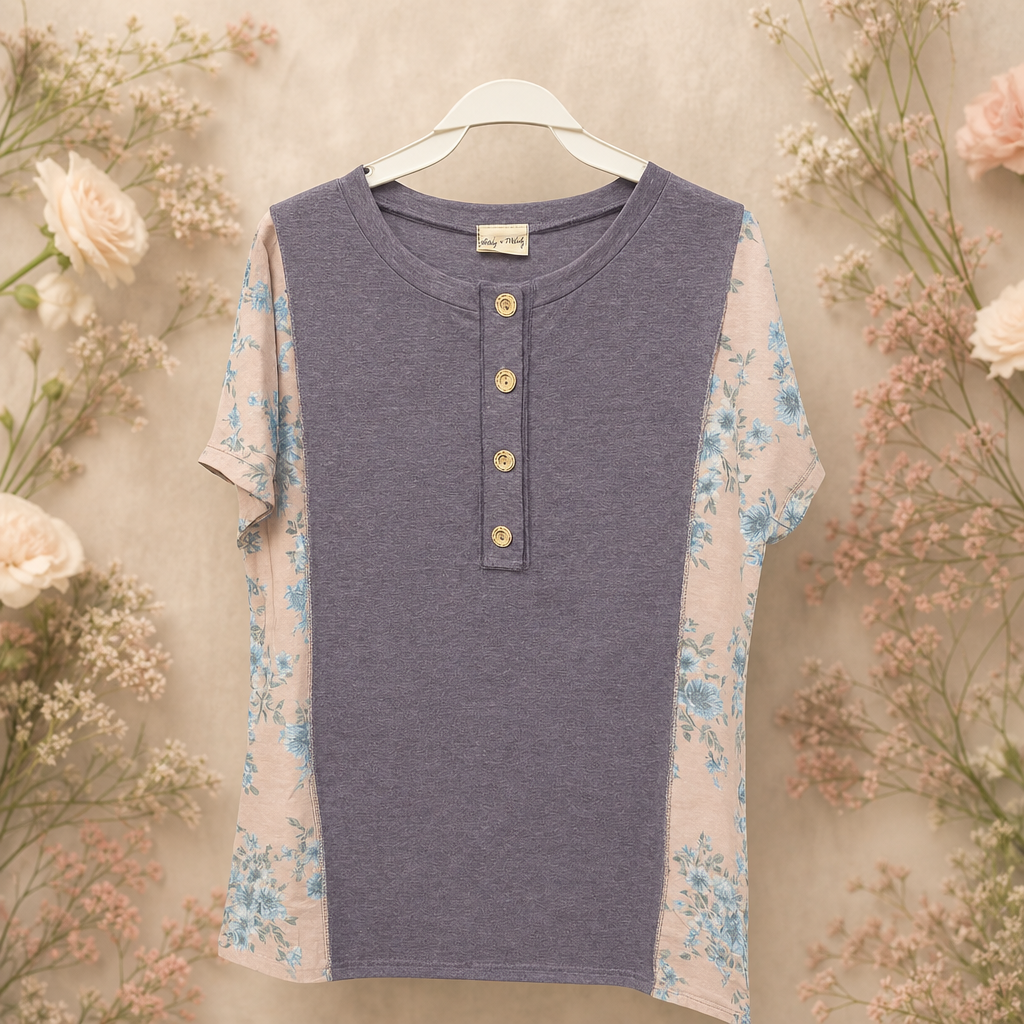 Lovely Melody Floral Contrast Short Sleeve Top – Soft Casual Knit • Various Sizes