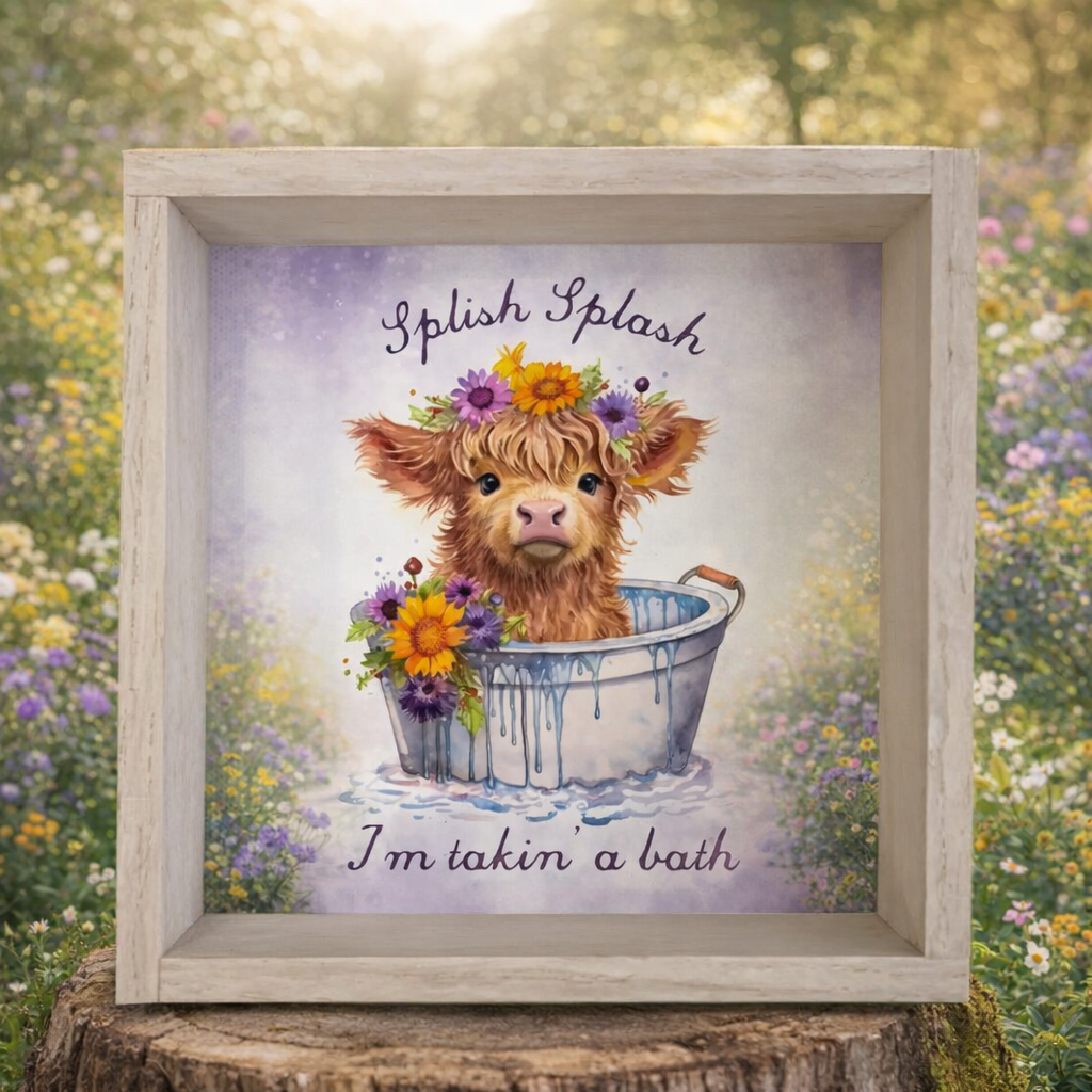 “Splish Splash I’m Takin’ a Bath” Highland Cow Canvas Art – Rustic Wood Box Frame (11x11)