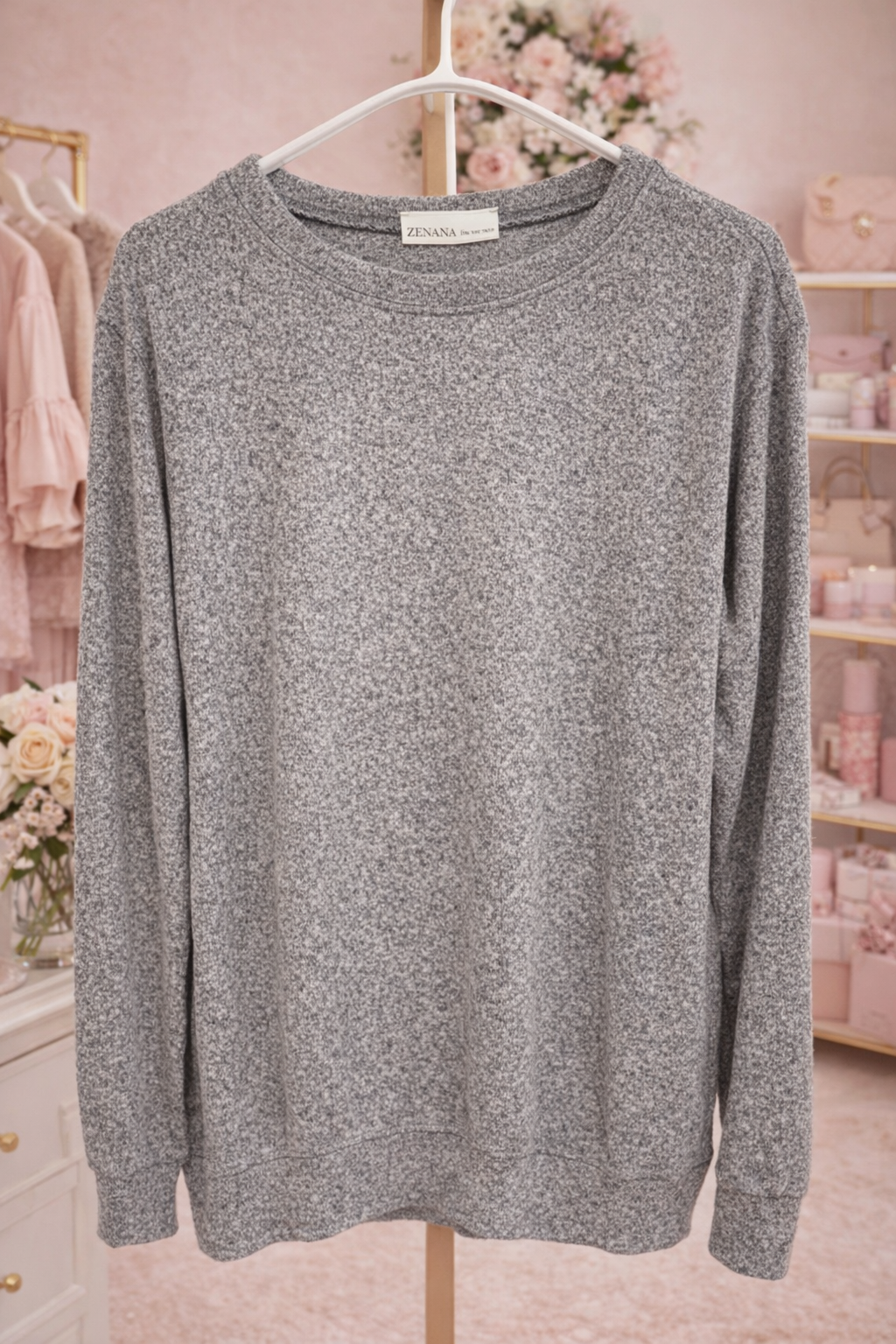 Zenana Textured Gray Pullover – Soft Knit Long Sleeve Top • Size Medium