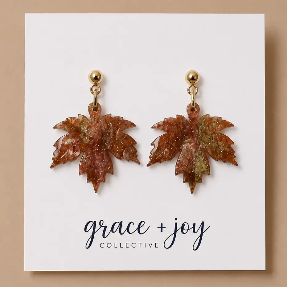 Marbled Fall Leaf Acrylic Dangle Earrings | Hypoallergenic Stainless Steel