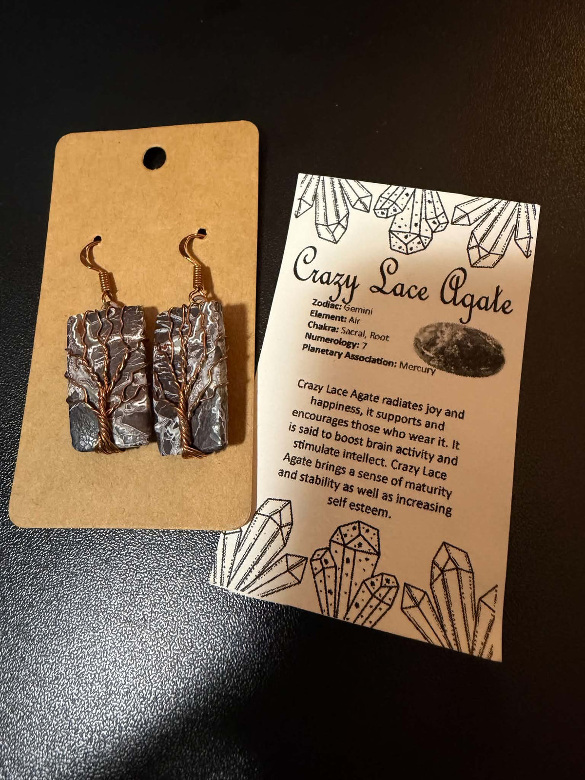 Crazy Lace Agate Tree of Life Dangle Earrings