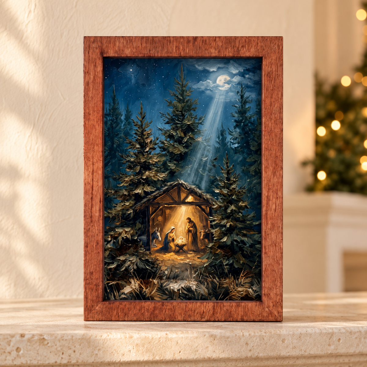 Nativity Scene Framed Art 4 x 6 Solid Maple Wood Christmas Decor
