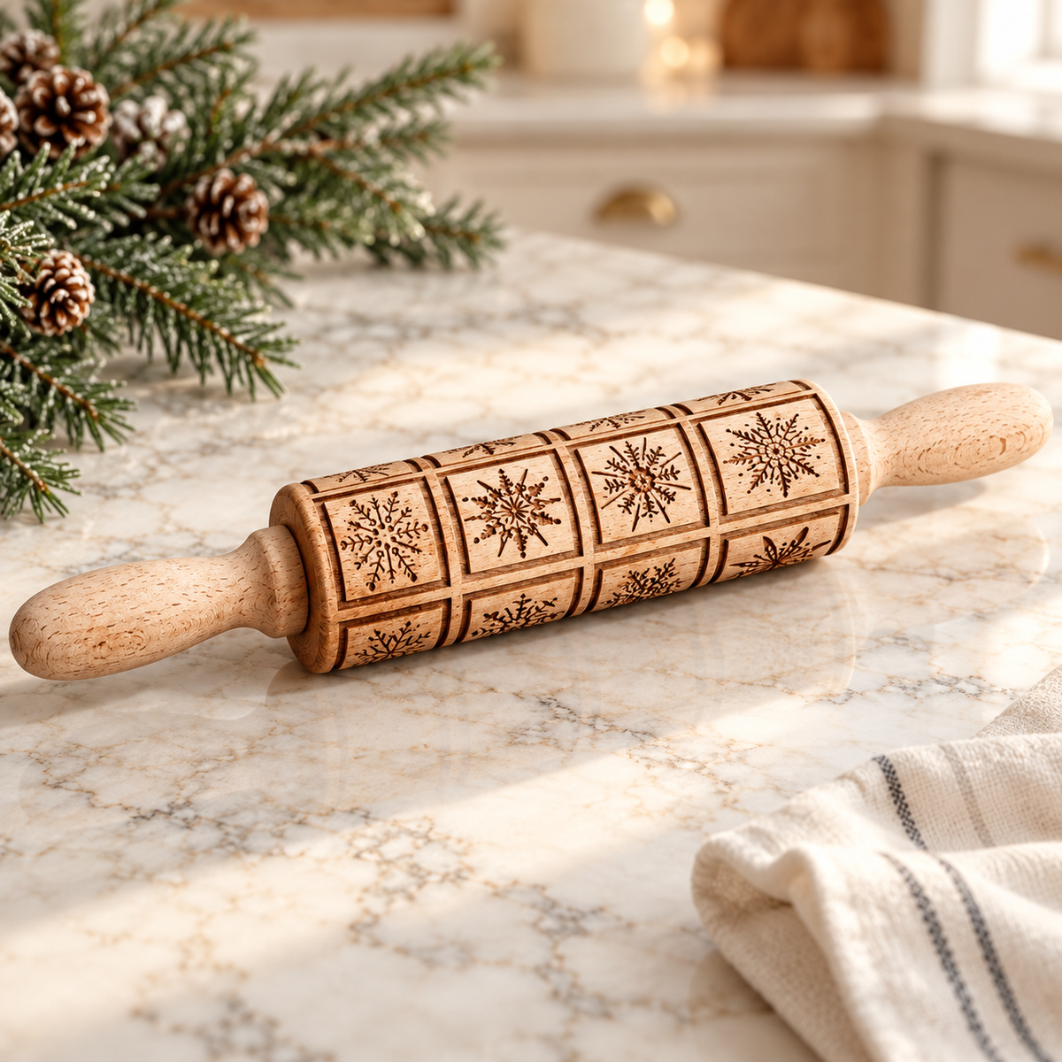 Snowflake Embossing Wooden Rolling Pin – 14" with Gift Box