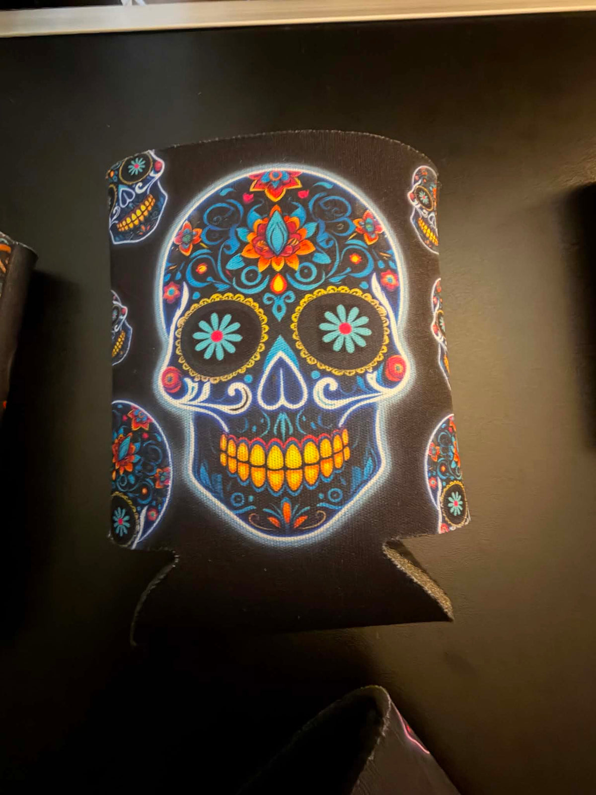 Let’s Fiesta Sugar Skull Drink Koozie – Colorful Front & Back Design