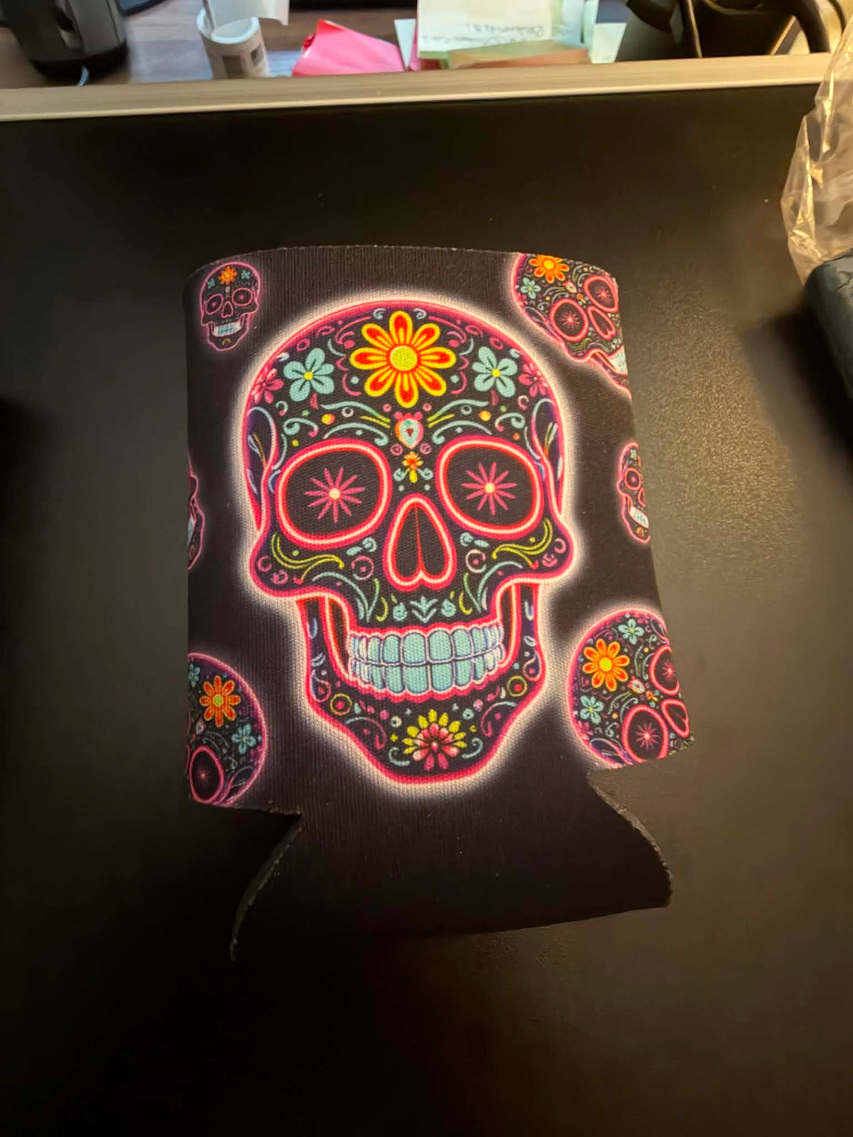 Let’s Fiesta Sugar Skull Drink Koozie – Colorful Front & Back Design