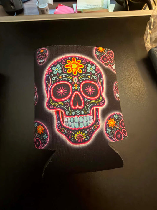 Let’s Fiesta Sugar Skull Drink Koozie – Colorful Front & Back Design