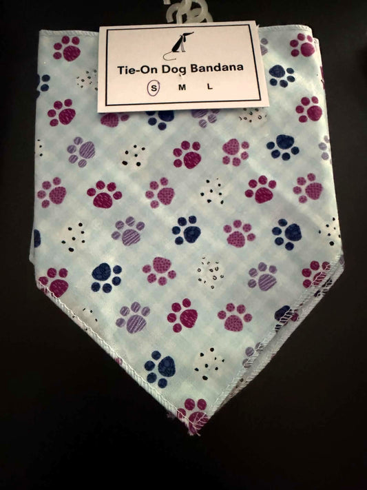 Dog Bandana – Light Blue Multicolor Paw Print Tie‑On Pet Bandana (Small)