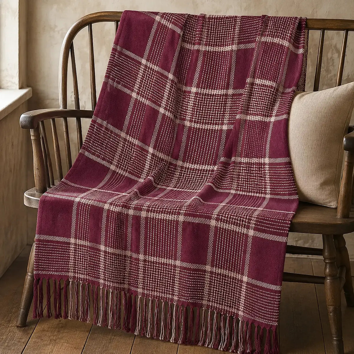 Burgundy & Tan Plaid Woven Throw Blanket - 50" x 60" Cozy Farmhouse Accent