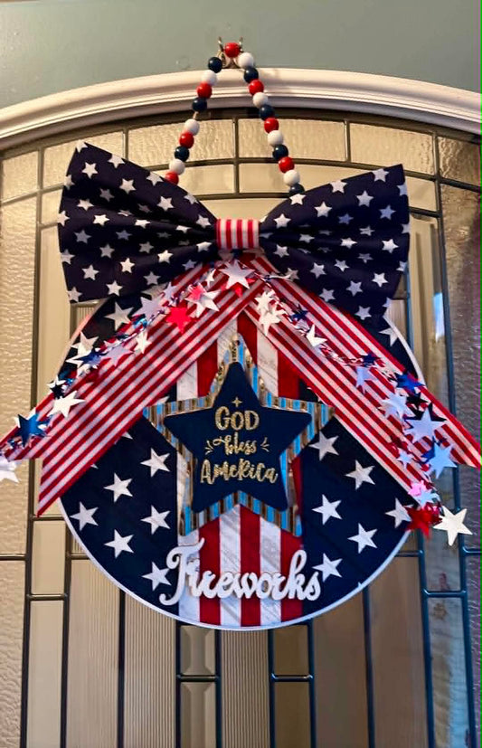 Handmade 14” Patriotic Americana Hoop Door Décor – Red White & Blue Hanging