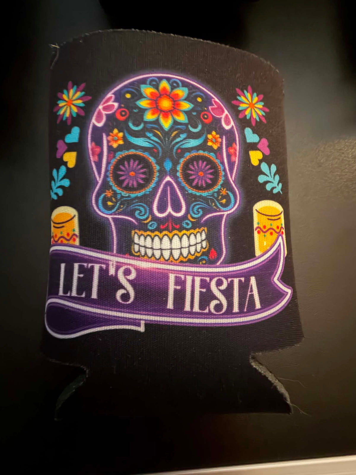 Let’s Fiesta Sugar Skull Drink Koozie – Colorful Front & Back Design