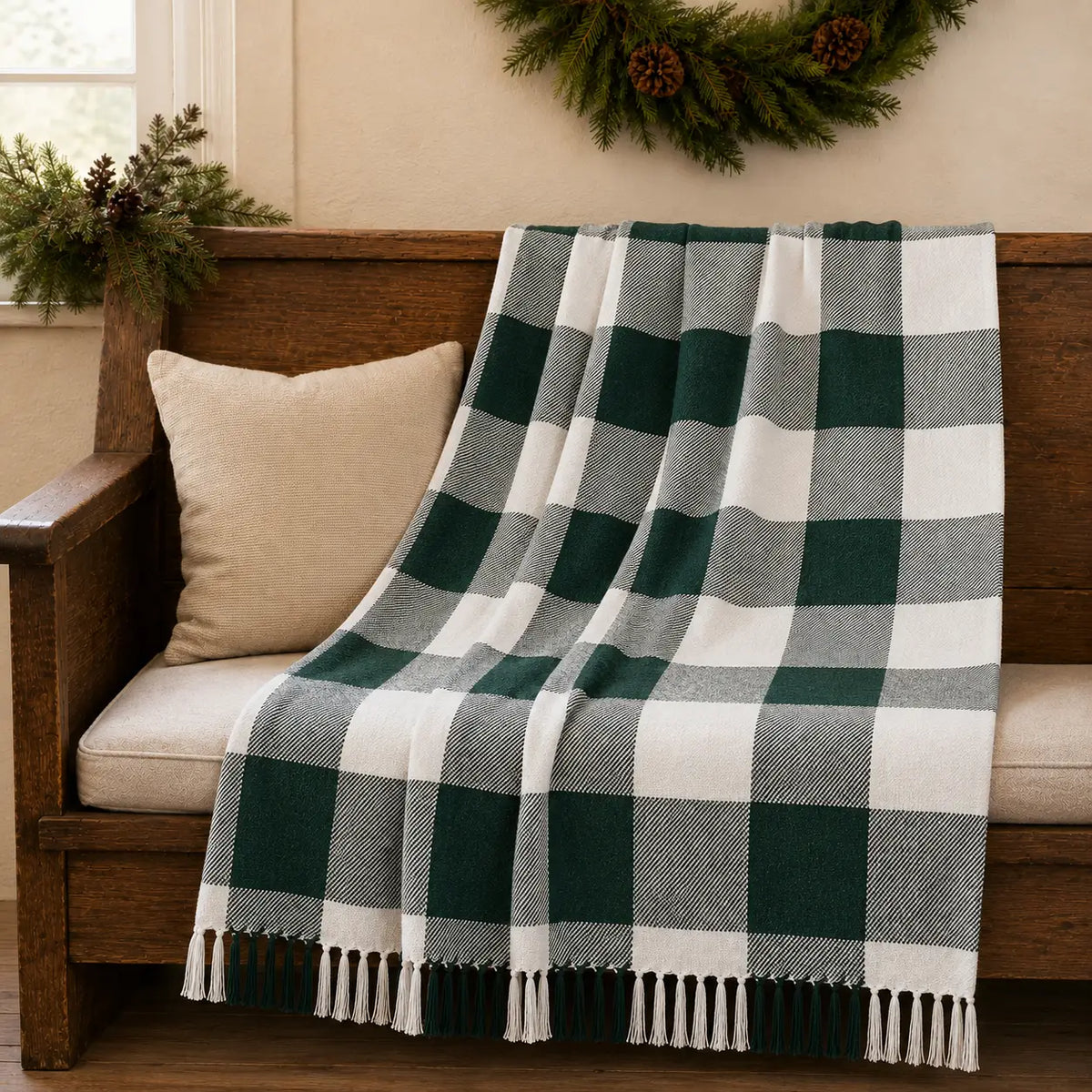 Hunter Green Buffalo Check Woven Throw Blanket | 50" x 60" Farmhouse Accent Throw