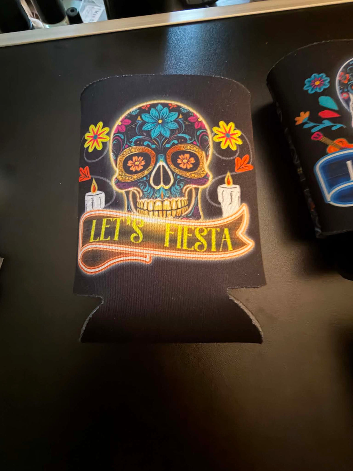 Let’s Fiesta Sugar Skull Drink Koozie – Colorful Front & Back Design