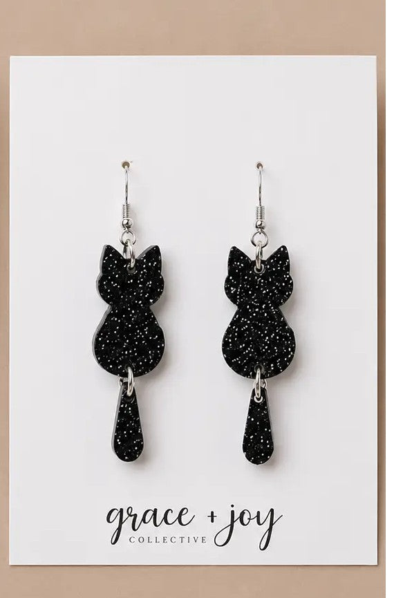 Black Glitter Cat Acrylic Dangle Earrings | Hypoallergenic Stainless Steel