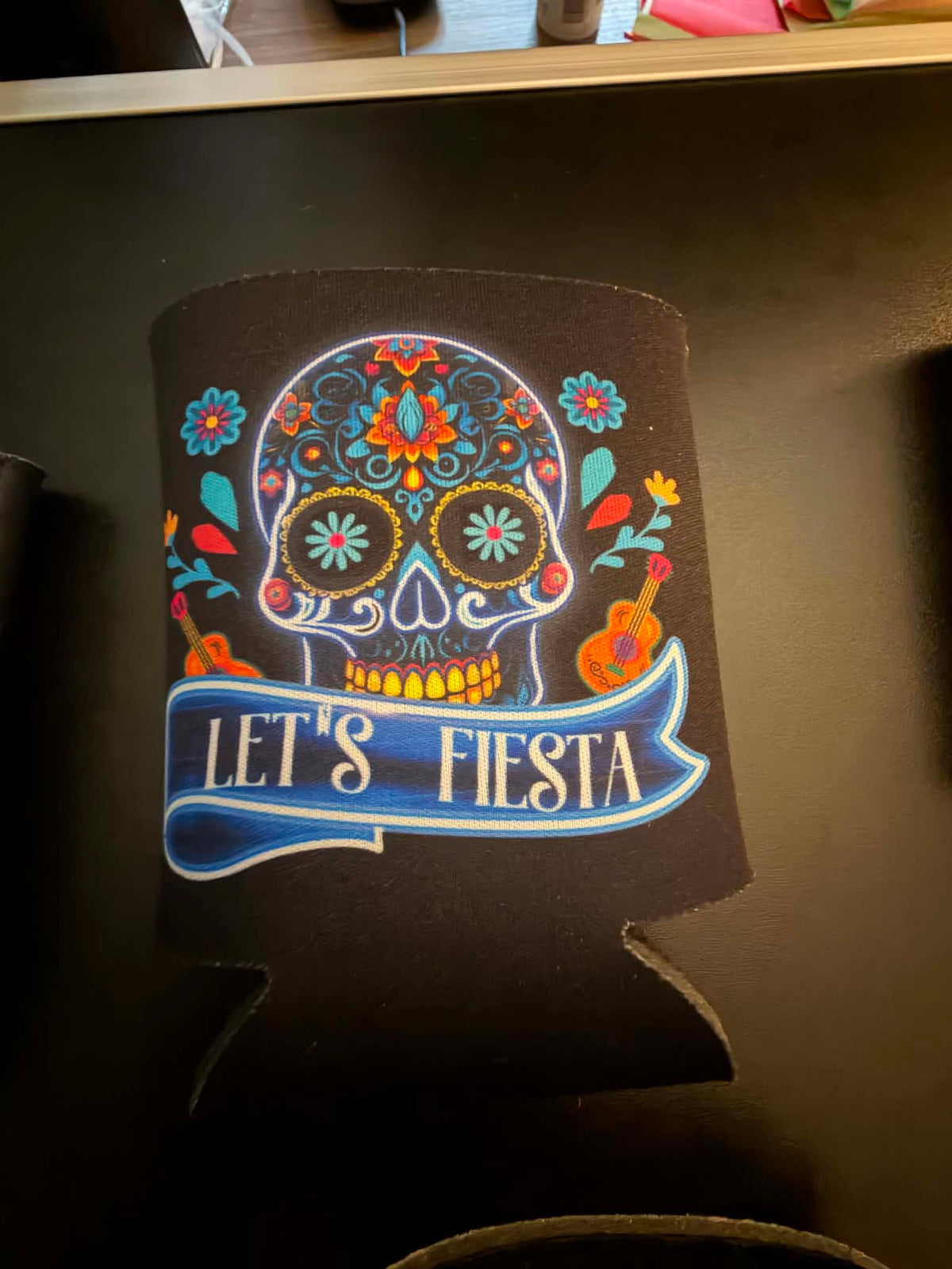 Let’s Fiesta Sugar Skull Drink Koozie – Colorful Front & Back Design