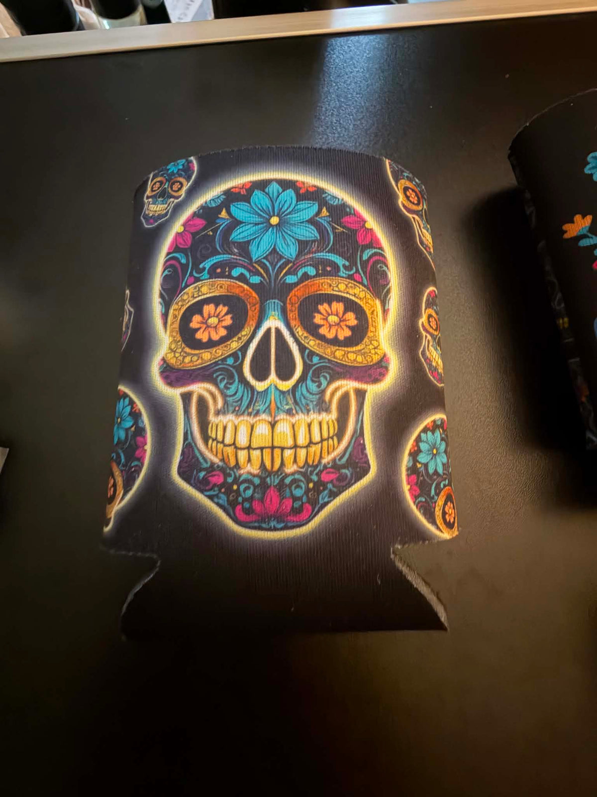 Let’s Fiesta Sugar Skull Drink Koozie – Colorful Front & Back Design