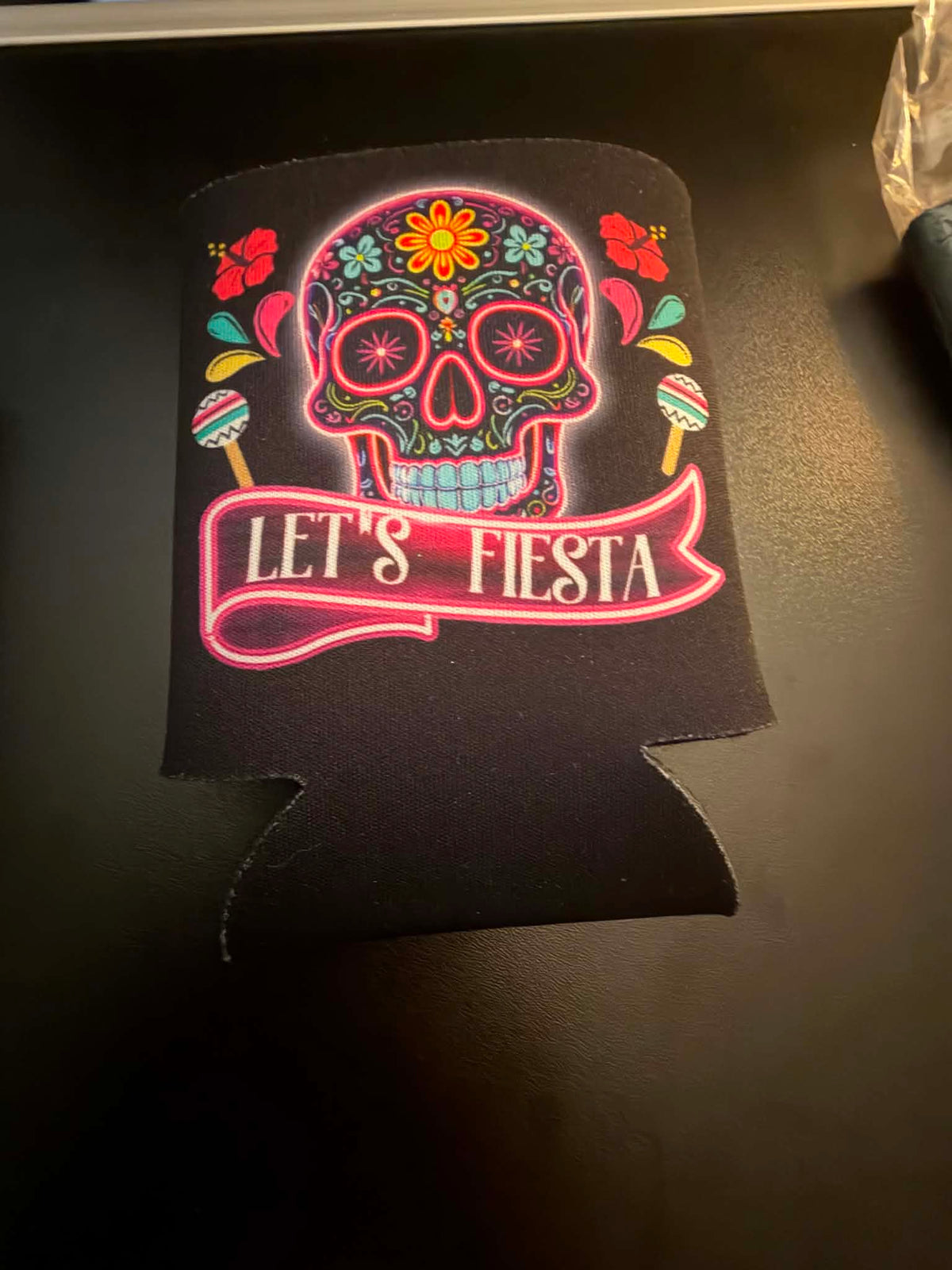 Let’s Fiesta Sugar Skull Drink Koozie – Colorful Front & Back Design