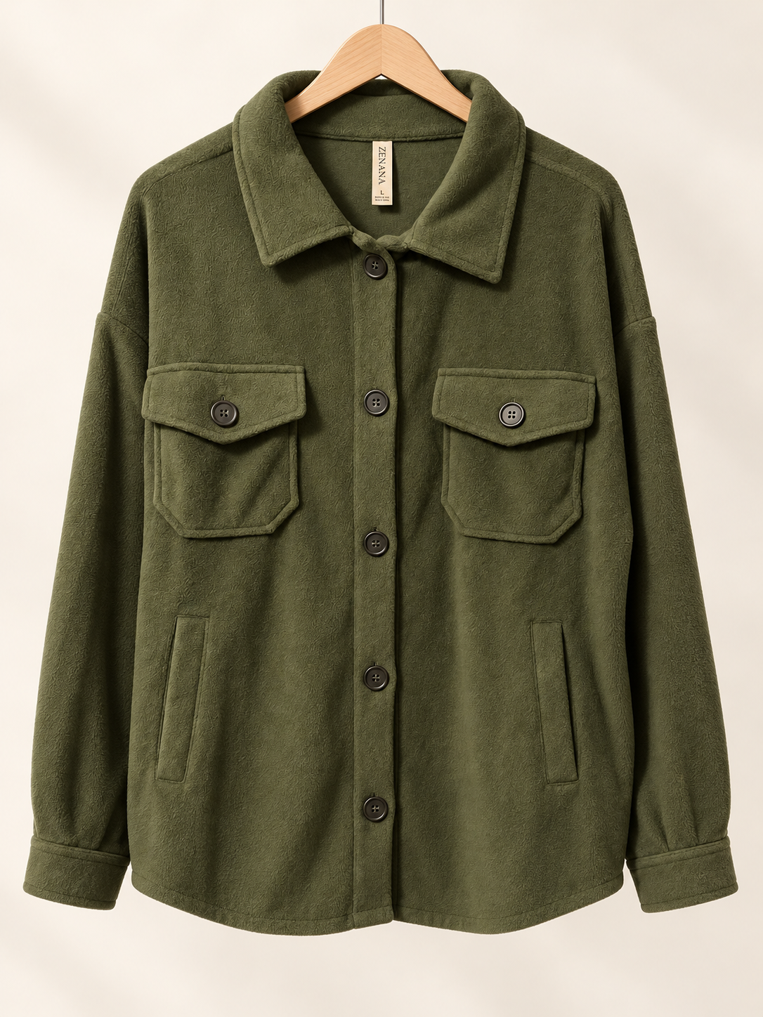 Zenana Women’s Olive Green Button-Front Shacket – Large