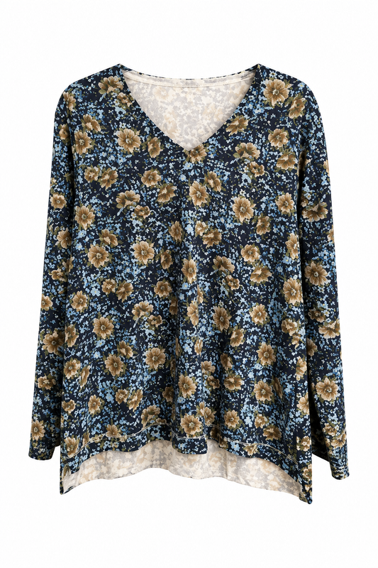 Yak & Yeti Women’s Blue Floral Long-Sleeve Top – Small