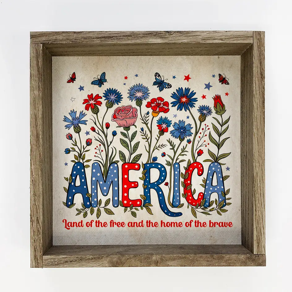 Patriotic Floral & Butterfly Canvas Art – Rustic Wood Box Frame (11x11)