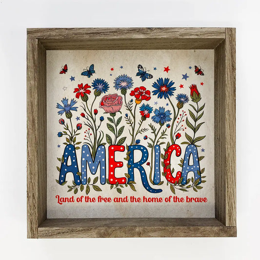 Patriotic Floral & Butterfly Canvas Art – Rustic Wood Box Frame (11x11)