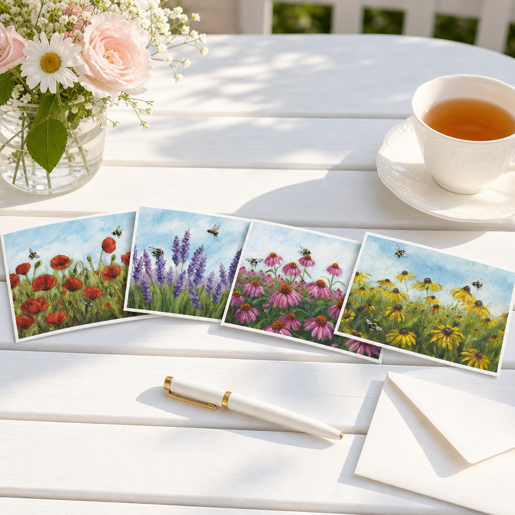 Garden Note Card Set – Bees & Wildflowers, 8 Blank Cards (4 Designs), Made in the USA