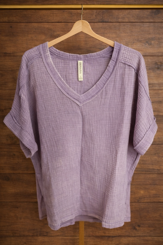 Zenana Textured Gauze V‑Neck Top – Size Large