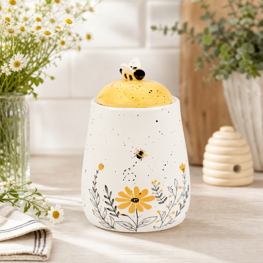 Stoneware Bee Sugar Bowl with Sculpted Lid – Honeybee Kitchen Décor