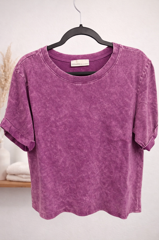 Zenana Plum Acid‑Wash Cotton Tee – Size Large, Rolled Sleeves