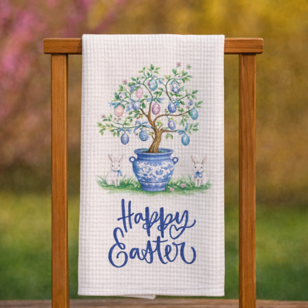 Happy Easter Waffle Weave Towel – 16x24 Spring Bunny Kitchen Decor