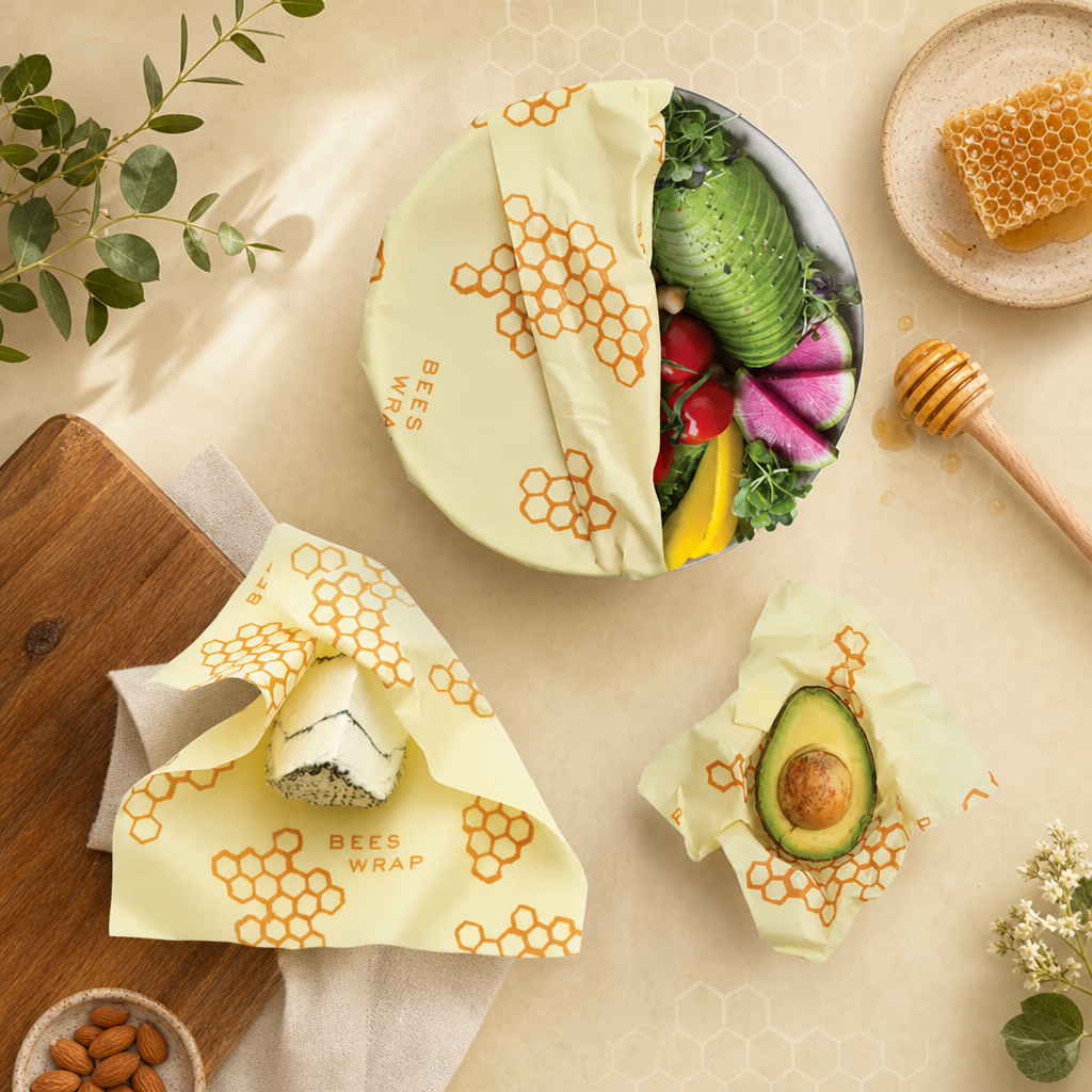Bees Wrap Reusable Food Wrap – 3‑Pack Honeycomb Design, Organic Cotton & Beeswax (S/M/L)