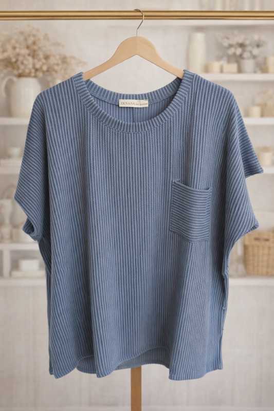Zenana Ribbed Knit Pocket Top –  Soft Stretchy Short Sleeve Tee in Blue
