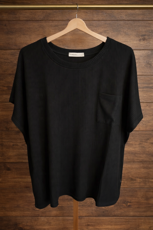 Zenana Women’s Large Ribbed Knit Pocket Top – Soft Stretch Short Sleeve Tee in Black
