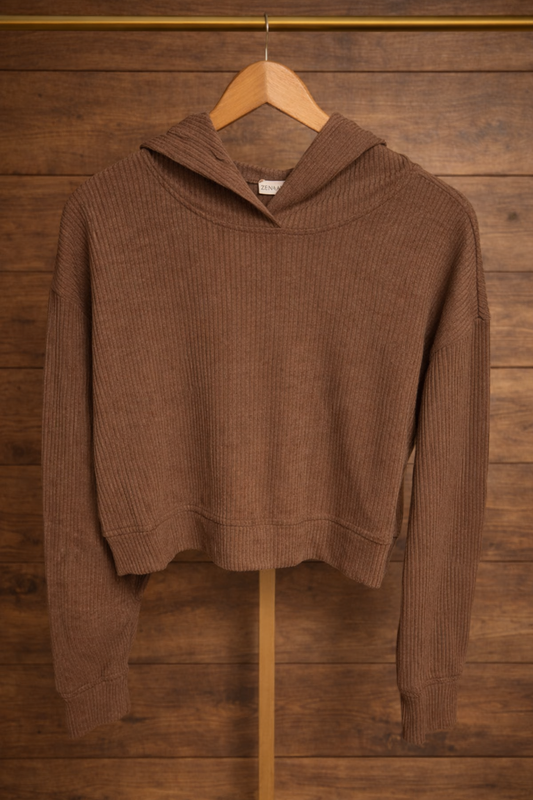 Zenana Women’s Medium Ribbed Knit Hooded Sweater – Soft Lightweight Cozy Pullover (Brown)