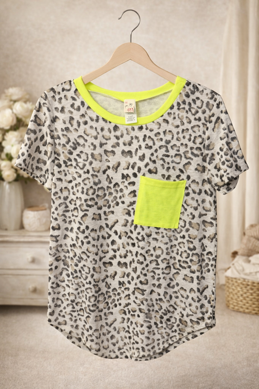 7th Ray Neon Leopard Pocket Tee – Soft Knit Casual Top • Various Sizes