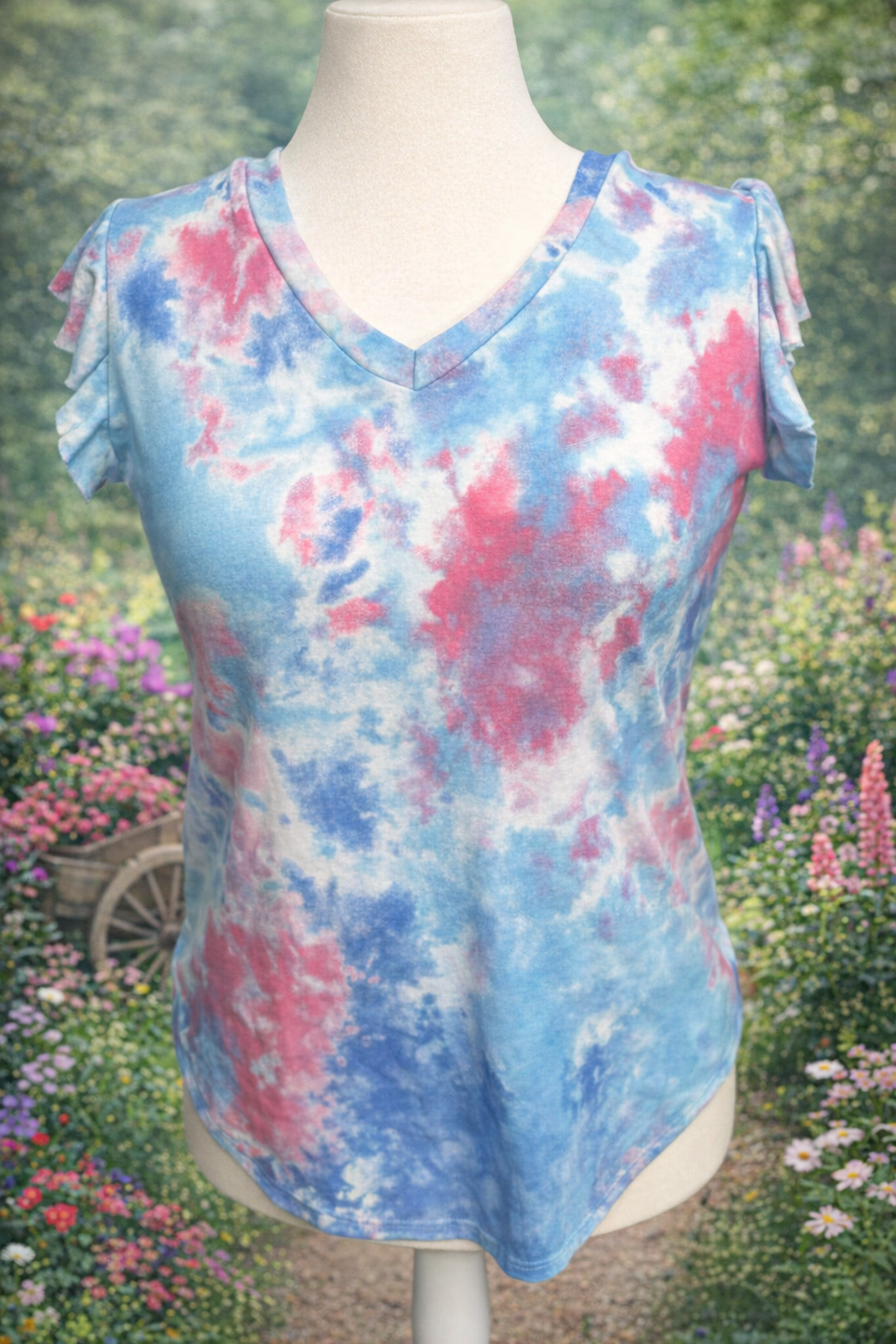 White Birch Tie‑Dye Ruffle Sleeve Top – Pink, Blue & White Short Sleeve • Size XL