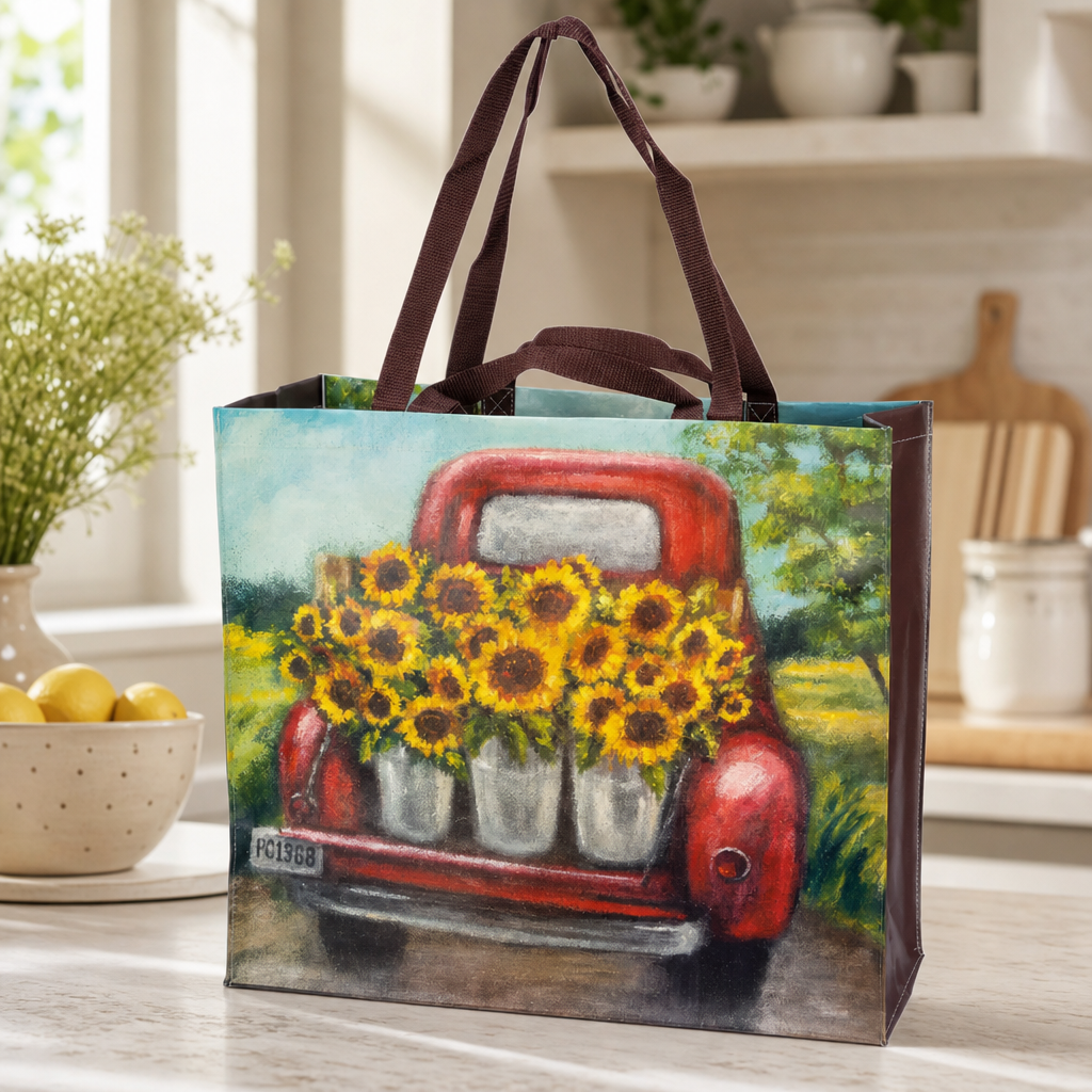 Sunflower Truck Reusable Market Bag – Burlap Canvas Farmhouse Tote (20” Wide)