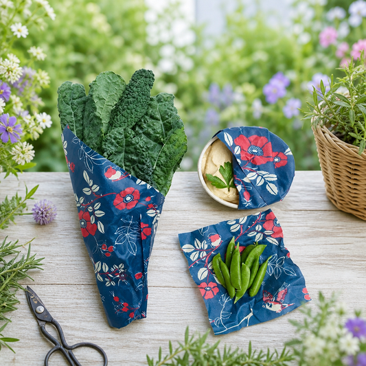 Bees Wrap Reusable Food Wrap – 3‑Pack Botanical Pattern, Organic Cotton & Beeswax (S/M/L)